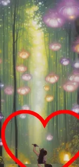 Magical forest scene with colorful lanterns and a heart shape overlay.