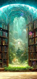 Magical forest library with books and green scenery.