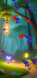 Whimsical forest with glowing lights and fantasy creatures on a serene path.