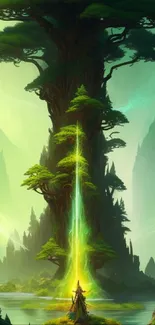 Fantasy wallpaper of a glowing, magical tree in an enchanted forest.