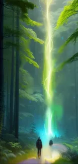 Two figures under a green glowing lightning in a mystical forest.