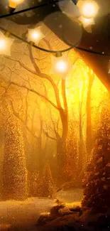 Golden enchanted forest with glowing star lights.