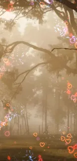 Misty forest with glowing heart motifs creating a serene, romantic mobile wallpaper.