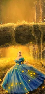 Woman in blue gown standing in enchanted forest with golden glow.