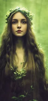 Enchanted forest maiden with long hair and green surroundings.