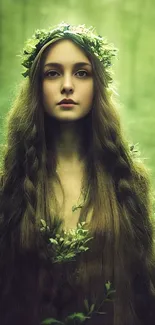 A mystical maiden with braids and leaves in a serene forest setting