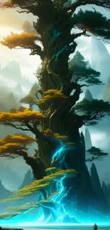 Majestic tree with glowing streams in a mystical forest setting.