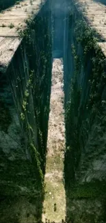 A mysterious forest maze path with towering green walls.