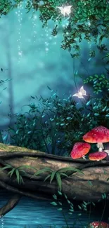 Enchanted forest wallpaper with mushrooms and fairies in a teal setting.