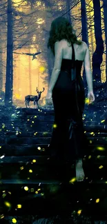 Woman walks through enchanted forest with glowing lights and distant deer.