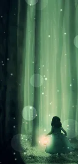 Enchanted forest with glowing lights and mysterious silhouette mobile wallpaper.