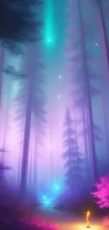 Enchanted forest at night with glowing purple and blue hues.