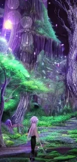 Mystical enchanted forest mobile wallpaper with vibrant green hues.