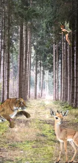 Enchanted forest with fairy, tiger, and deer mobile wallpaper.