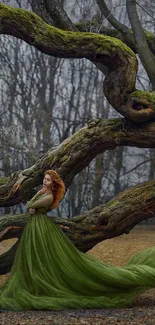 Woman in green gown rests on a twisted tree in a mystical forest scene.