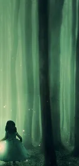 Mystical forest wallpaper featuring a figure with a lantern in a green, eerie woods.