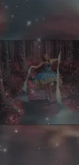 Girl in a dreamy enchanted forest surrounded by a mystical atmosphere.