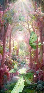 Magical forest with pink trees and green butterflies in sunlight.