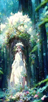 Anime art of an enchanted forest scene with a mystical character.