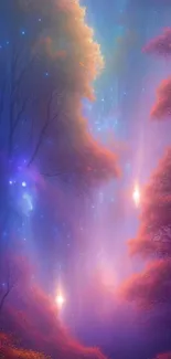 Dreamlike purple forest with glowing stars shining through the trees.