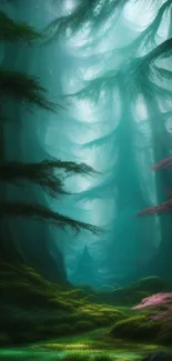 Enchanting forest with misty teal hues and lush greenery.