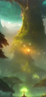 Enchanted forest with glowing trees on mobile wallpaper, mystical atmosphere.