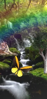 Enchanted forest wallpaper with rainbow, lion, tree, and butterfly in vibrant hues.