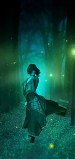 Mystical forest scene with glowing fireflies and a figure on a path.