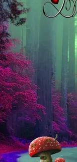 Enchanted forest with vibrant trees and mushrooms under magenta glow.