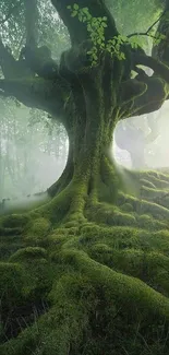 Majestic tree in an enchanted forest with green moss and mystical mist.