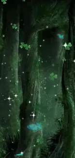 Enchanted forest wallpaper with glowing butterflies and sparkling stars.