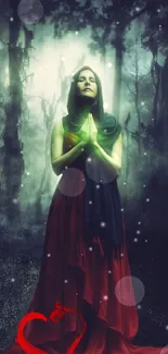 Mystical figure praying in enchanted forest background.