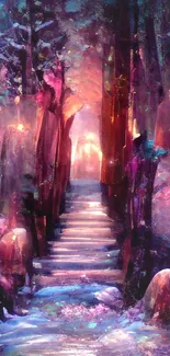 Mystical path through a vibrant, enchanted forest with purple hues.