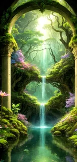 Enchanted forest wallpaper with lush greenery and waterfall.