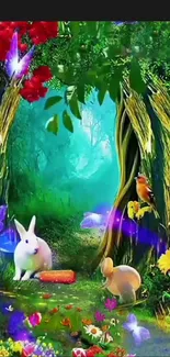 Mystical enchanted forest scene with animals and vibrant colors.