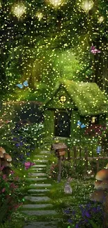 Enchanting forest with cottage and butterflies, green theme.