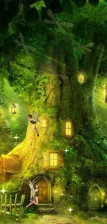 Magical forest scene with tree house and fairies.