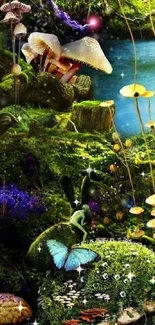 Enchanted forest wallpaper with mushrooms and a pond.