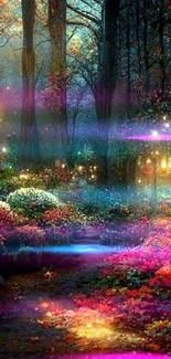 Enchanted forest with glowing lights and vibrant flowers in a mystical setting.