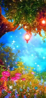 Enchanted forest wallpaper with magical glowing lights and colorful butterflies.