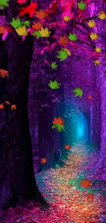 Vibrant enchanted forest with colorful path and mystical atmosphere.