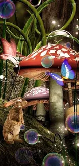 Enchanted forest wallpaper with mushrooms, rabbit, and butterfly.