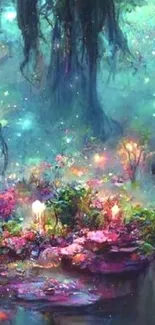 Enchanted forest wallpaper with glowing flora and vibrant colors.