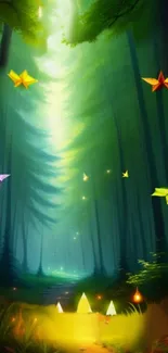 Mystical forest with glowing origami butterflies and lush greenery.