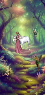 A mystical enchanted forest with fairies and a unicorn.