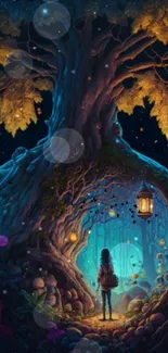 Enchanted forest with a tree portal leading to a magical world at night.