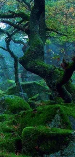 Wallpaper of twisted trees and mossy rocks in a mystical forest.