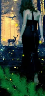 Mystical woman walks towards a deer in a glowing forest landscape.