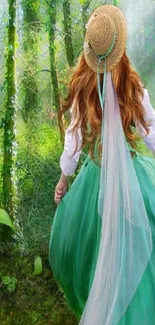 Woman in green dress in forest surrounded by nature.