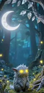 Enchanted forest with glowing creature under moonlight.